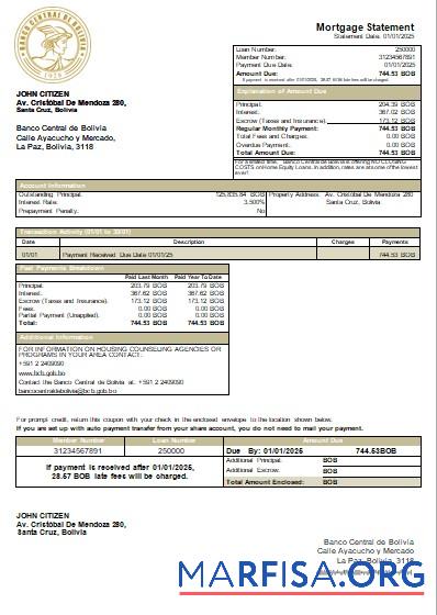 Realistic Bolivia Banco Central de Bolivia bank mortgage statement scr sample